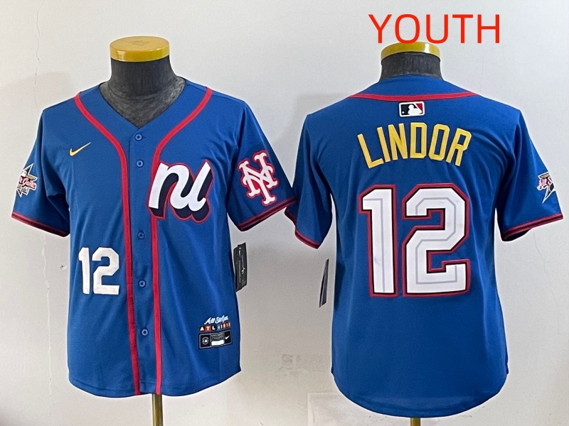 Youth 2025 New York Mets #12 Lindor Blue All star Nike MLB Jersey style 2->youth mlb jersey->Youth Jersey